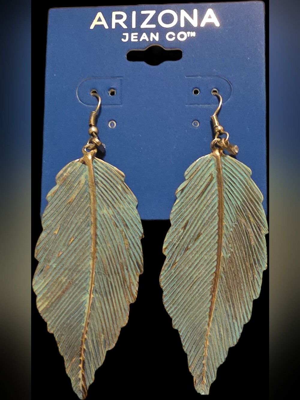 Green Patina Feather Earrings w/Antique Goldtone Accents